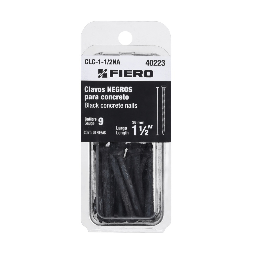 [T40223] Blíster con 20 clavos negros para concreto 1-1/2', Fiero