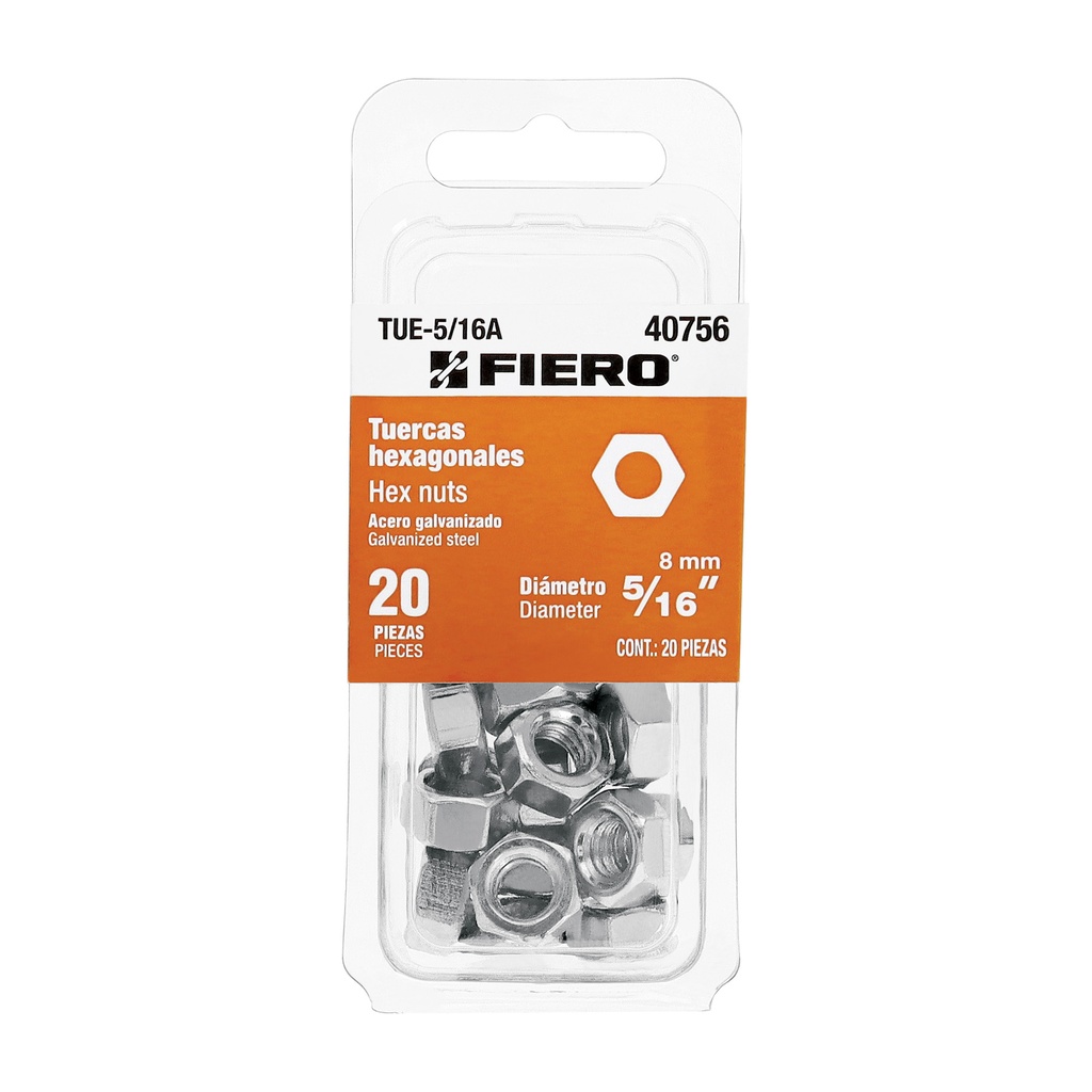 Blíster con 20 tuercas 5/16' hex de acero galvanizado, Fiero - Pag 569,575