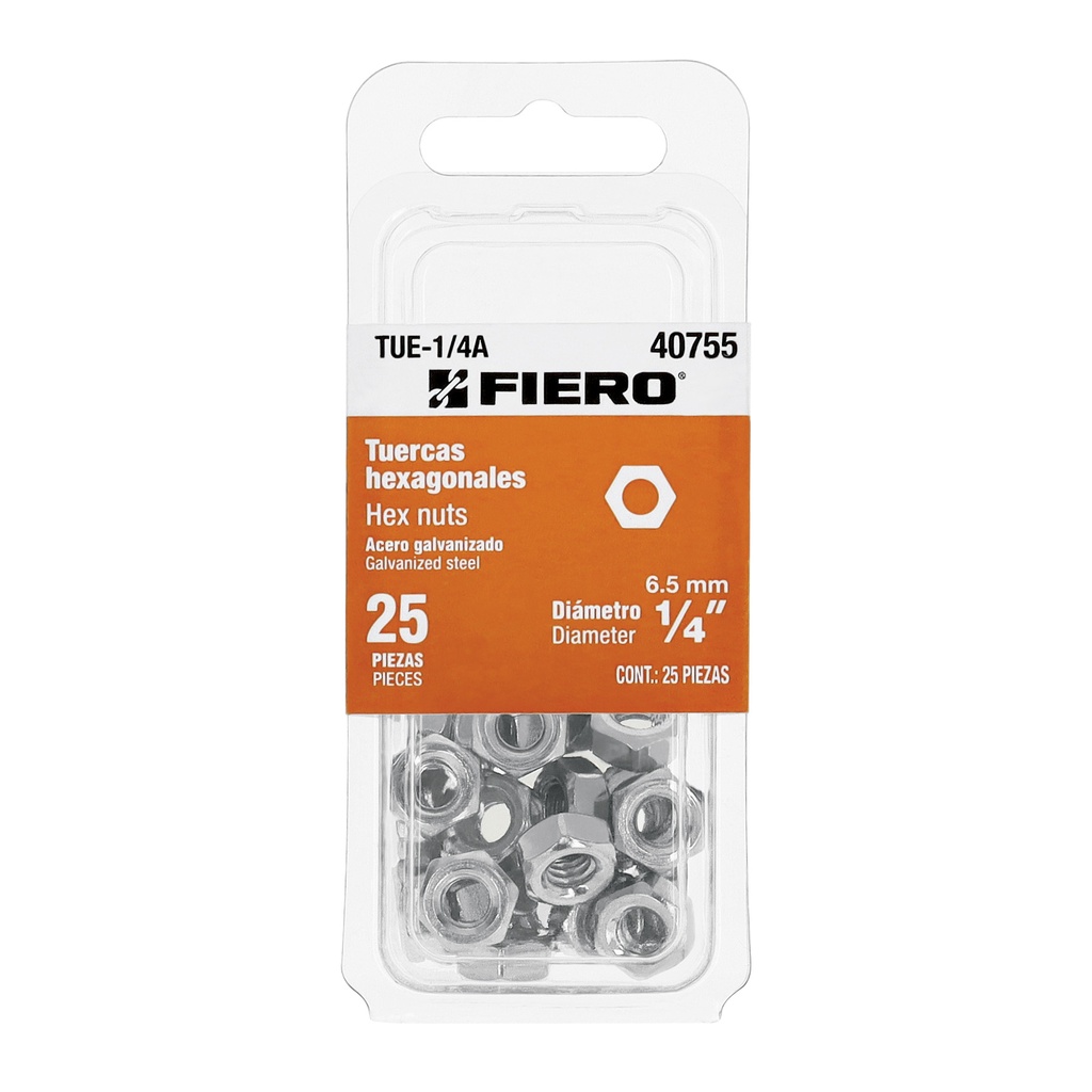 Blíster con 25 tuercas 1/4' hex de acero galvanizado, Fiero