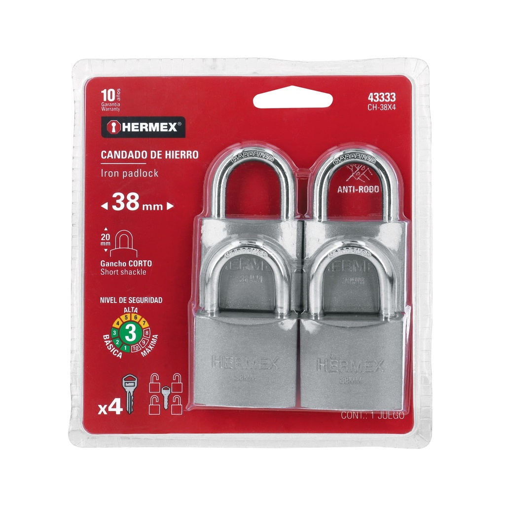 [T43333] Blíster con 4 candados de hierro de 38mm con gancho corto