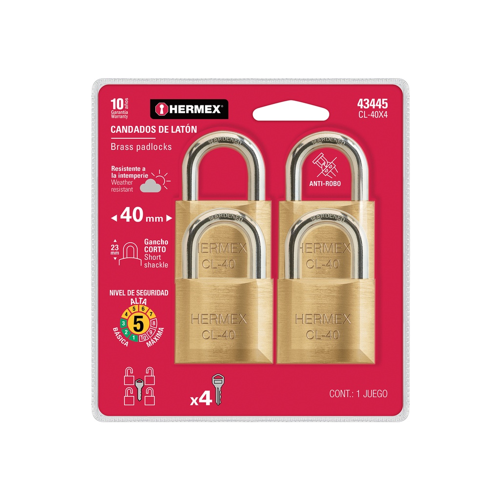 Blíster con 4 candados de latón de 40mm con gancho corto - Pag 582