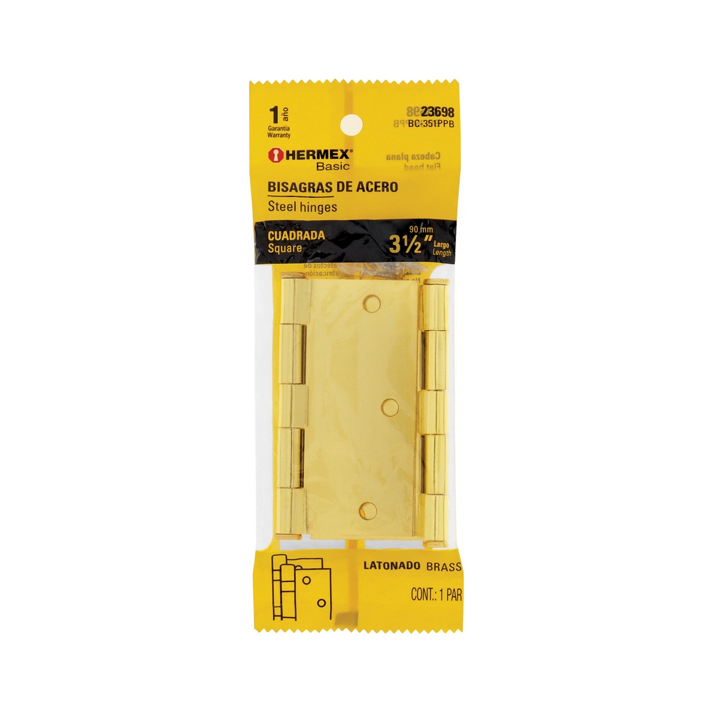 [T23698] Bolsa c/2 bisagras cuadrada 3-1/2'acero latonado, Basic