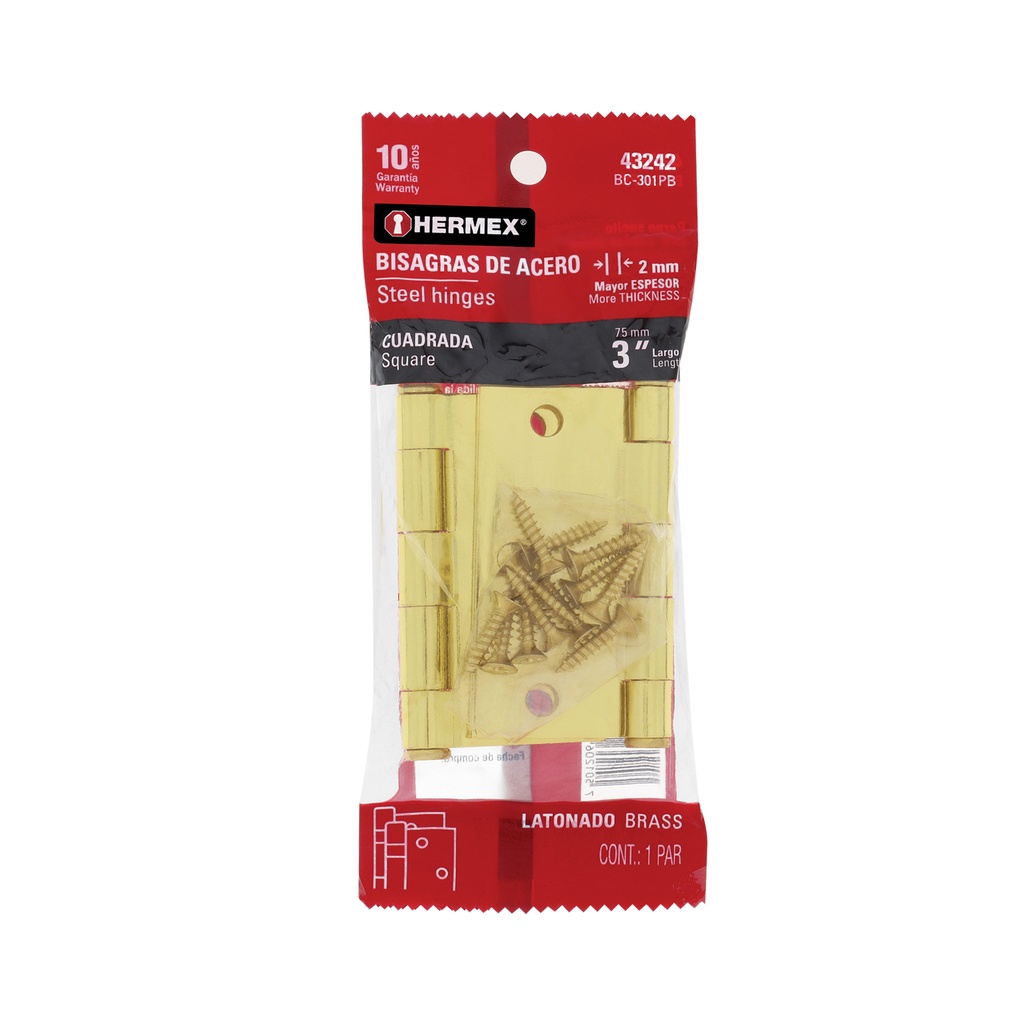 Bolsa con 2 bisagras cuadradas de 3' acero latonado, plana
