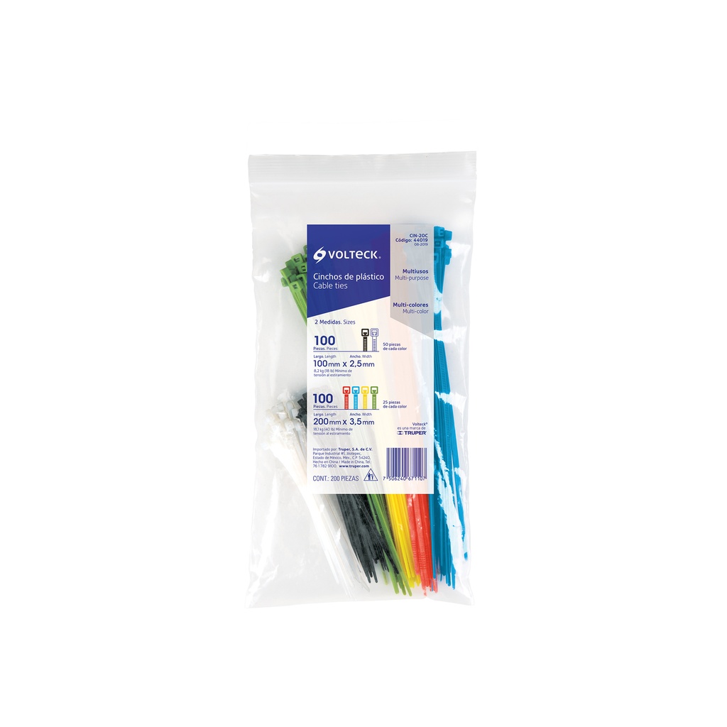 Bolsa con 200 cinchos plásticos en colores surtidos, Volteck