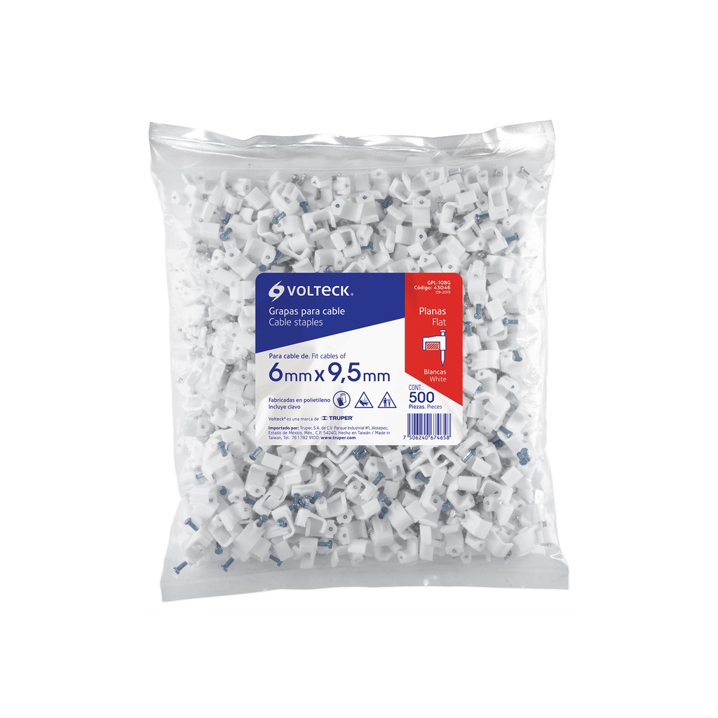 [T43046] Bolsa con 500 grapas blancas de 6 x 9.5 mm para cable plano