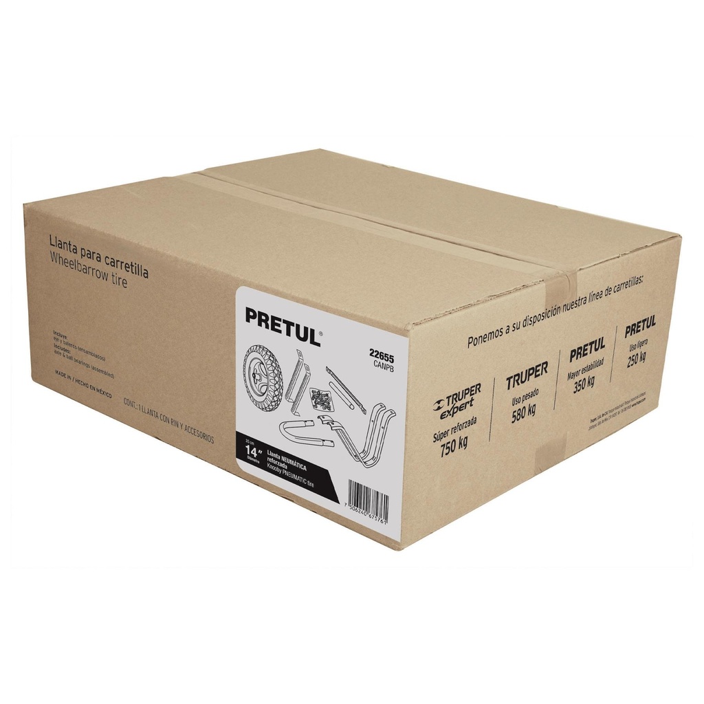 Caja c/llanta neumática y acc. y p/carretilla gris Pretul