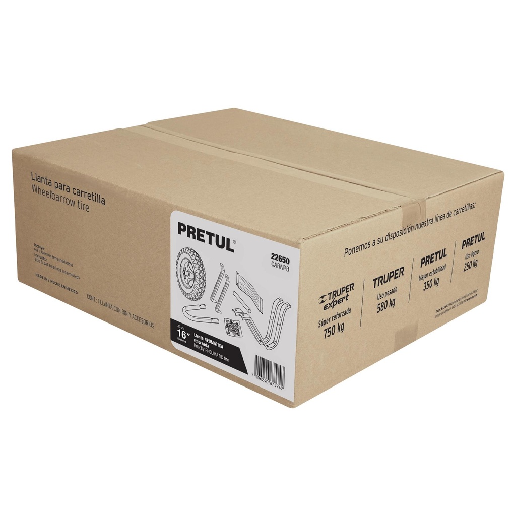 [T22650] Caja c/llanta neumática y acc. y p/carretilla roja Pretul