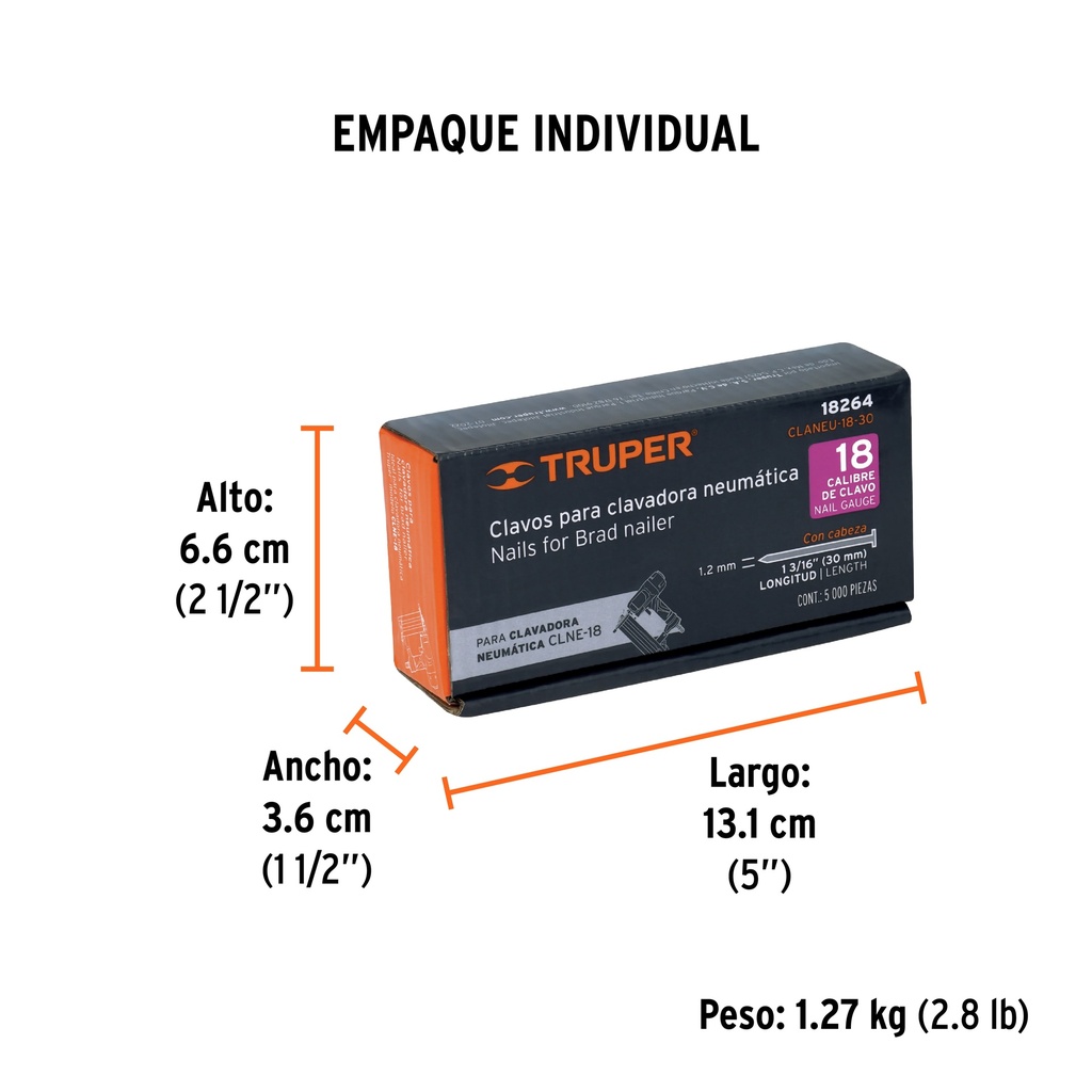 Caja con 5000 clavos calibre 18, 30 mm para CLNE-18, Truper - Pag 98