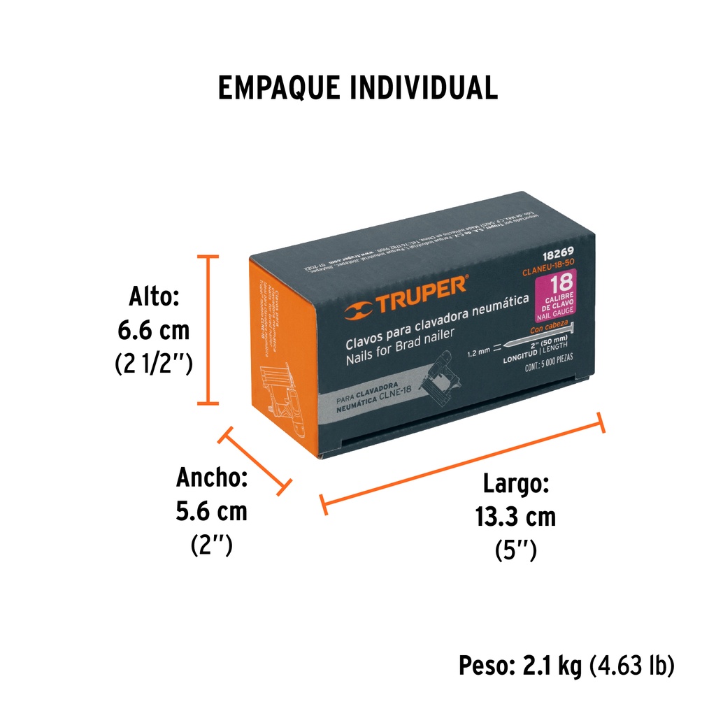 [T18269] Caja con 5000 clavos calibre 18, 50 mm para CLNE-18, Truper
