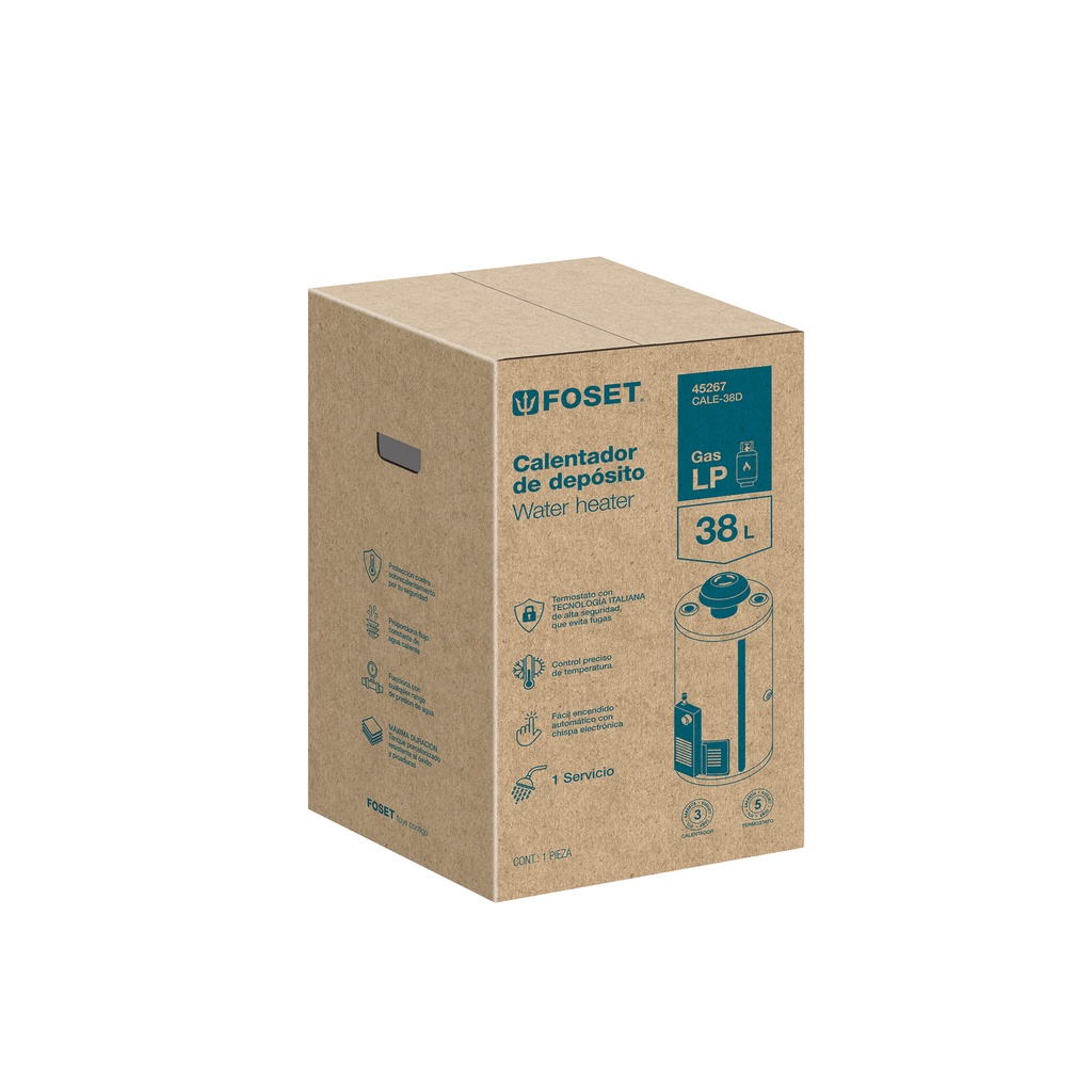 Calentador de depósito 38 L 1 servicio gas L.P., Foset