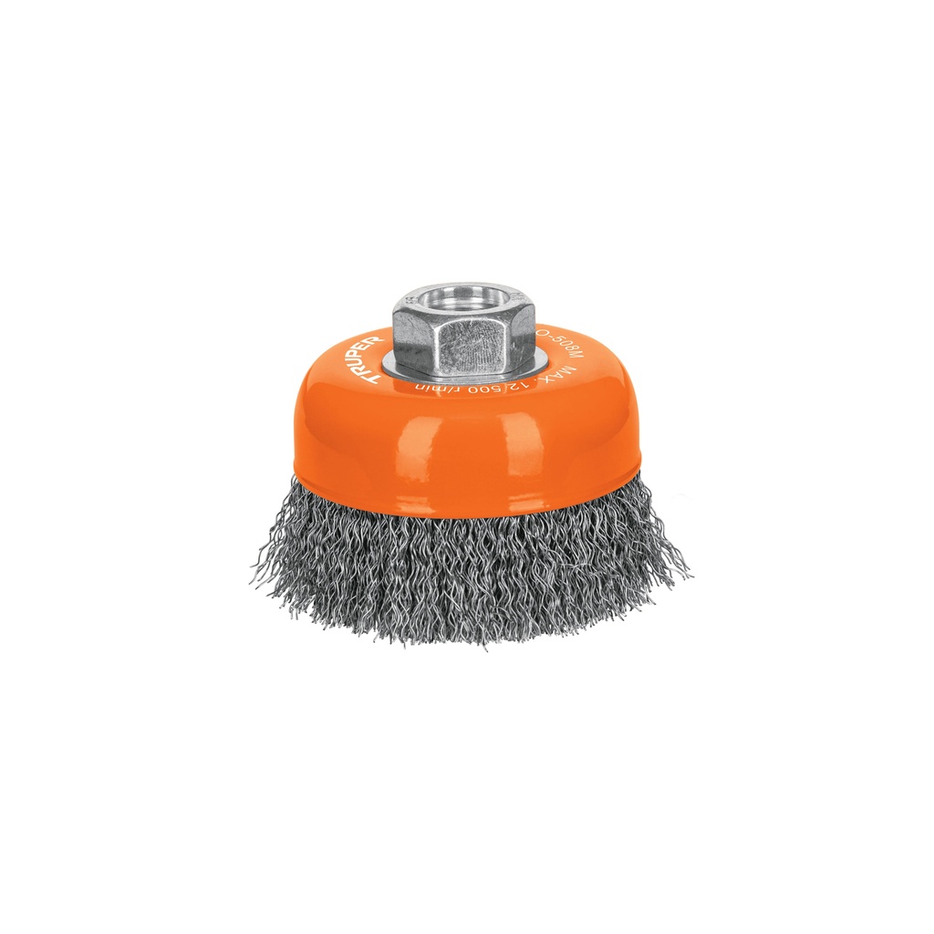 Carda copa 3' alambre ondulado fino, eje M14, Truper