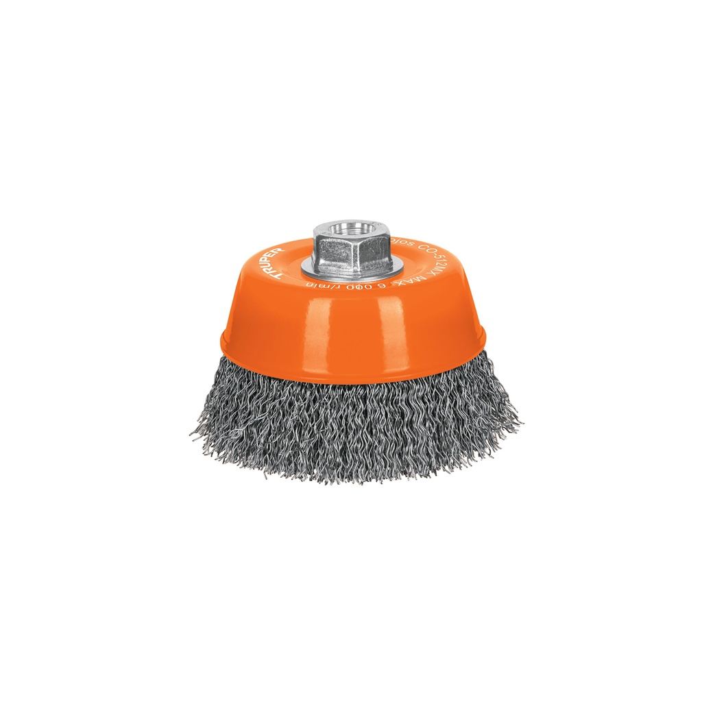 Carda copa 5' alambre ondulado grueso, eje M14, Truper