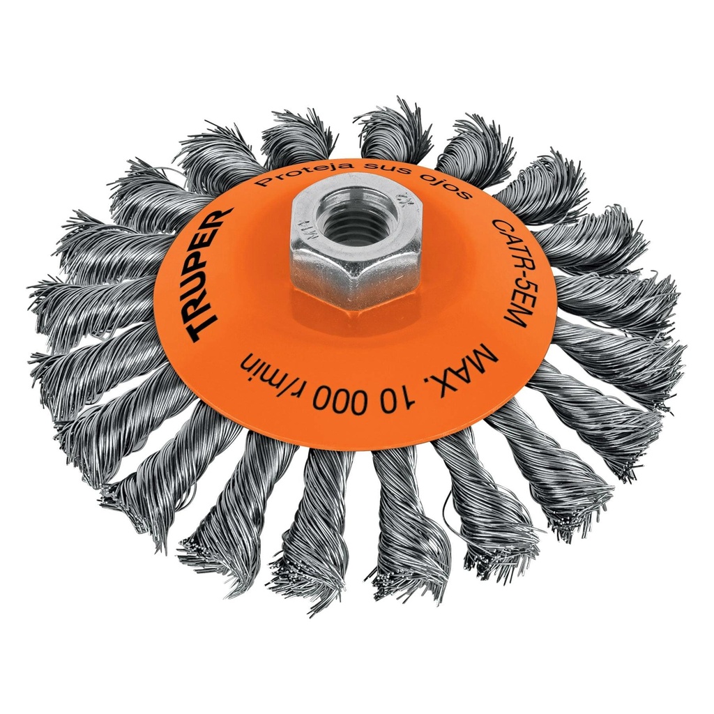 Carda tipo cónico 5' alambre trenzado, eje M14, Truper