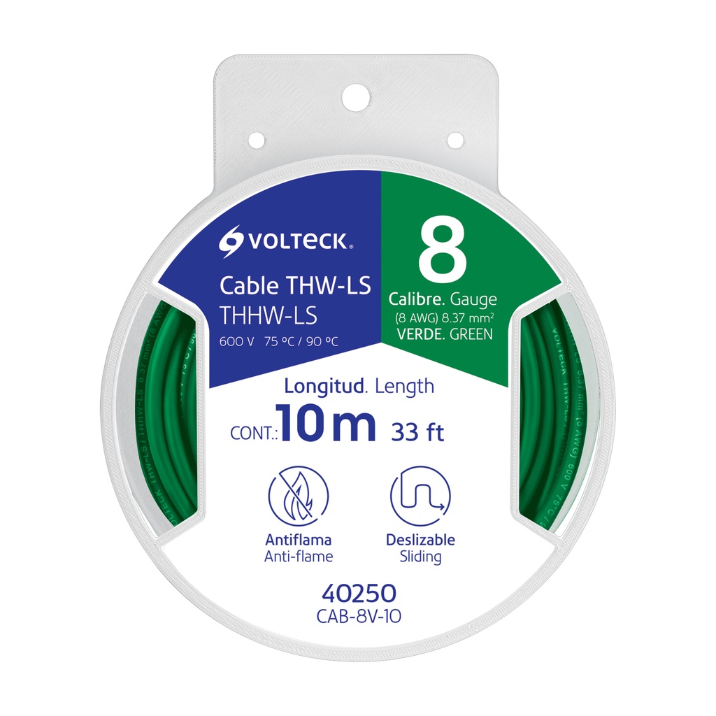Carrete con 10 m de cable THHW-LS 8 AWG verde, Volteck - Pag 412