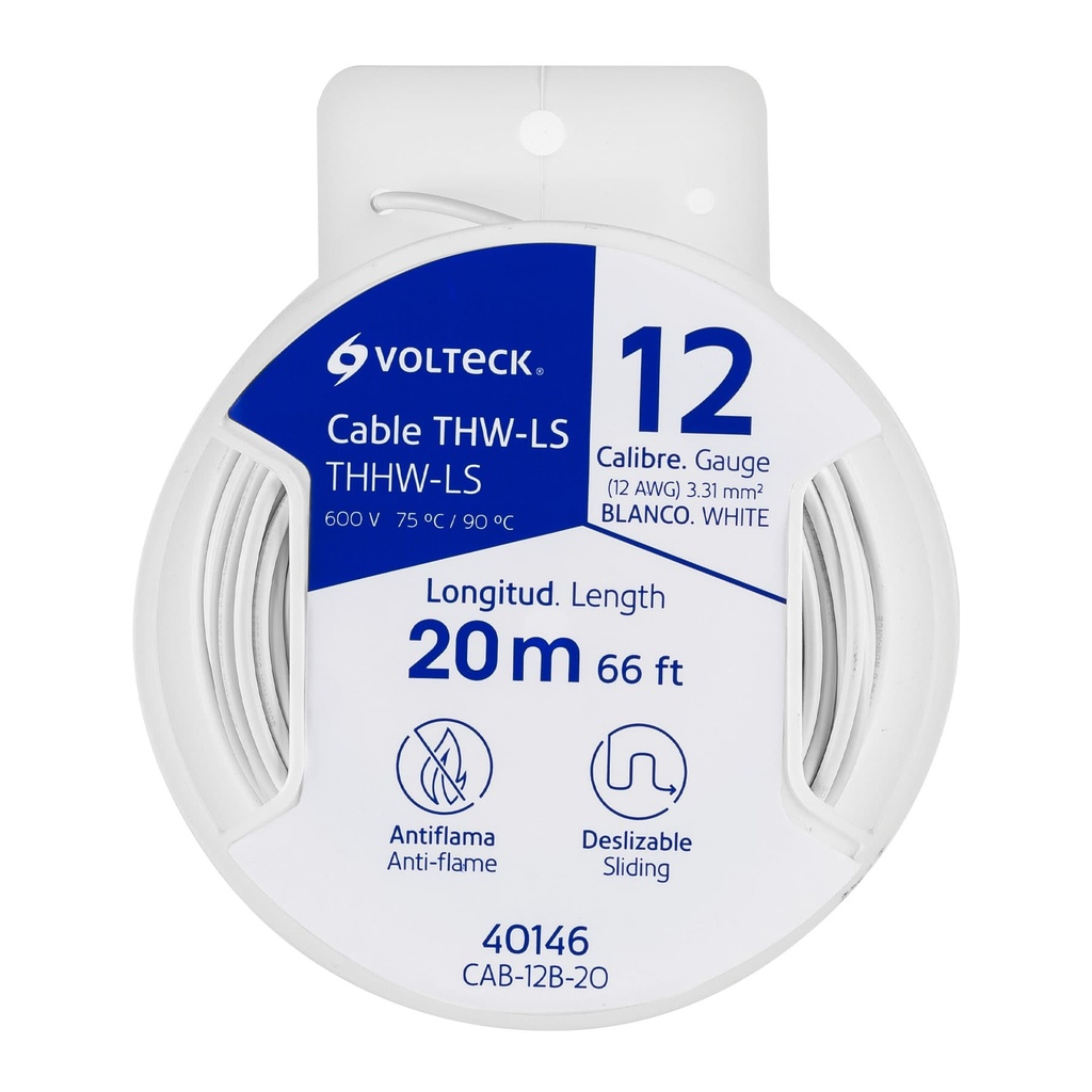 [T40146] Carrete con 20 m de cable THHW-LS 12 AWG blanco, Volteck