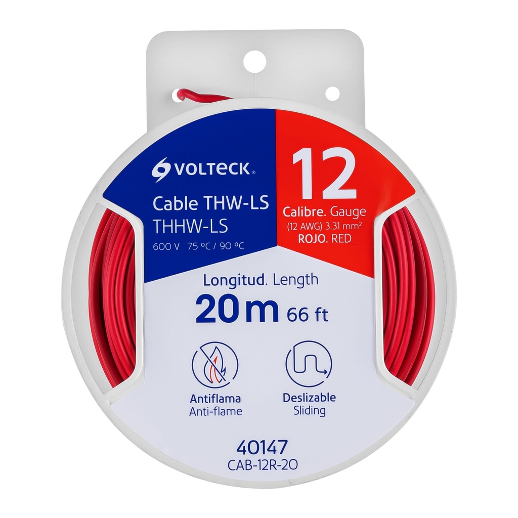 [T40147] Carrete con 20 m de cable THHW-LS 12 AWG rojo, Volteck