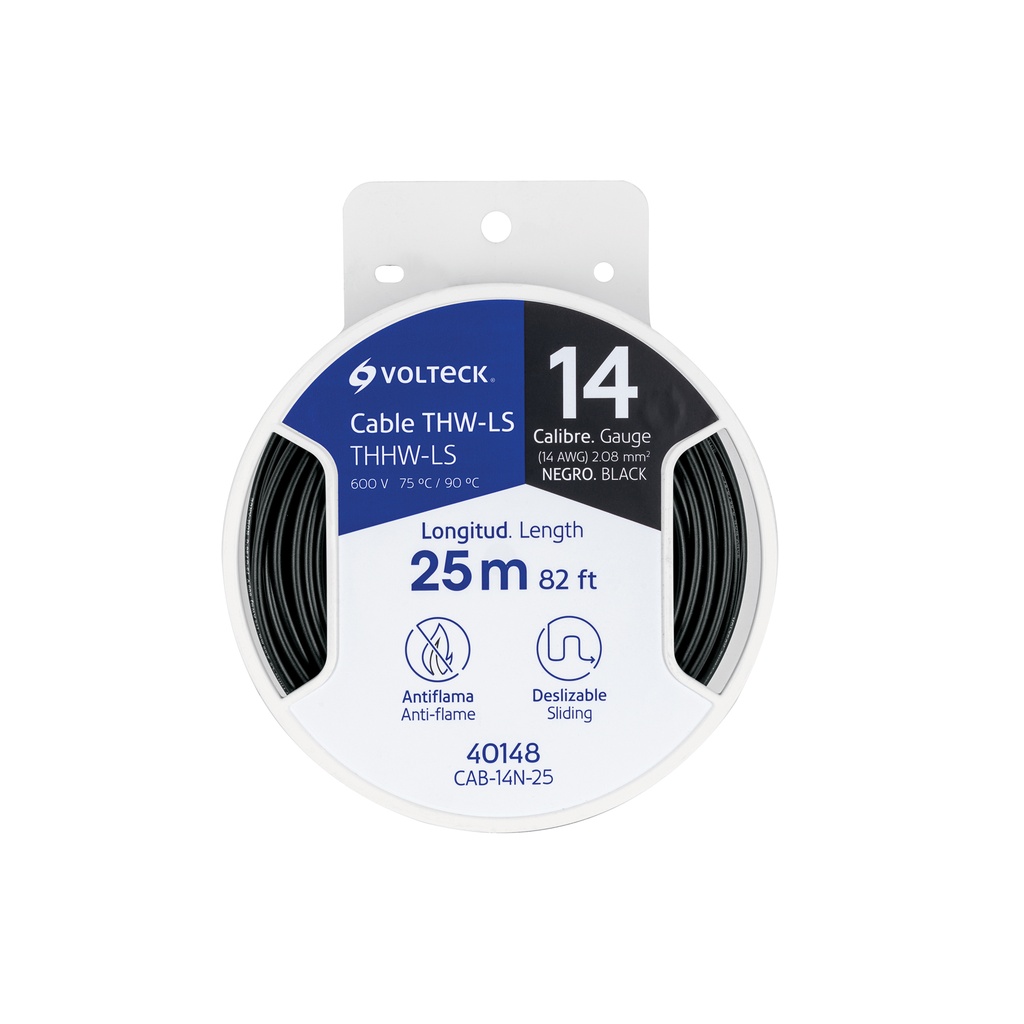 Carrete con 25 m de cable THHW-LS 14 AWG negro, Volteck - Pag 548