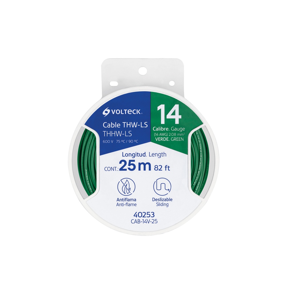 Carrete con 25 m de cable THHW-LS 14 AWG verde, Volteck