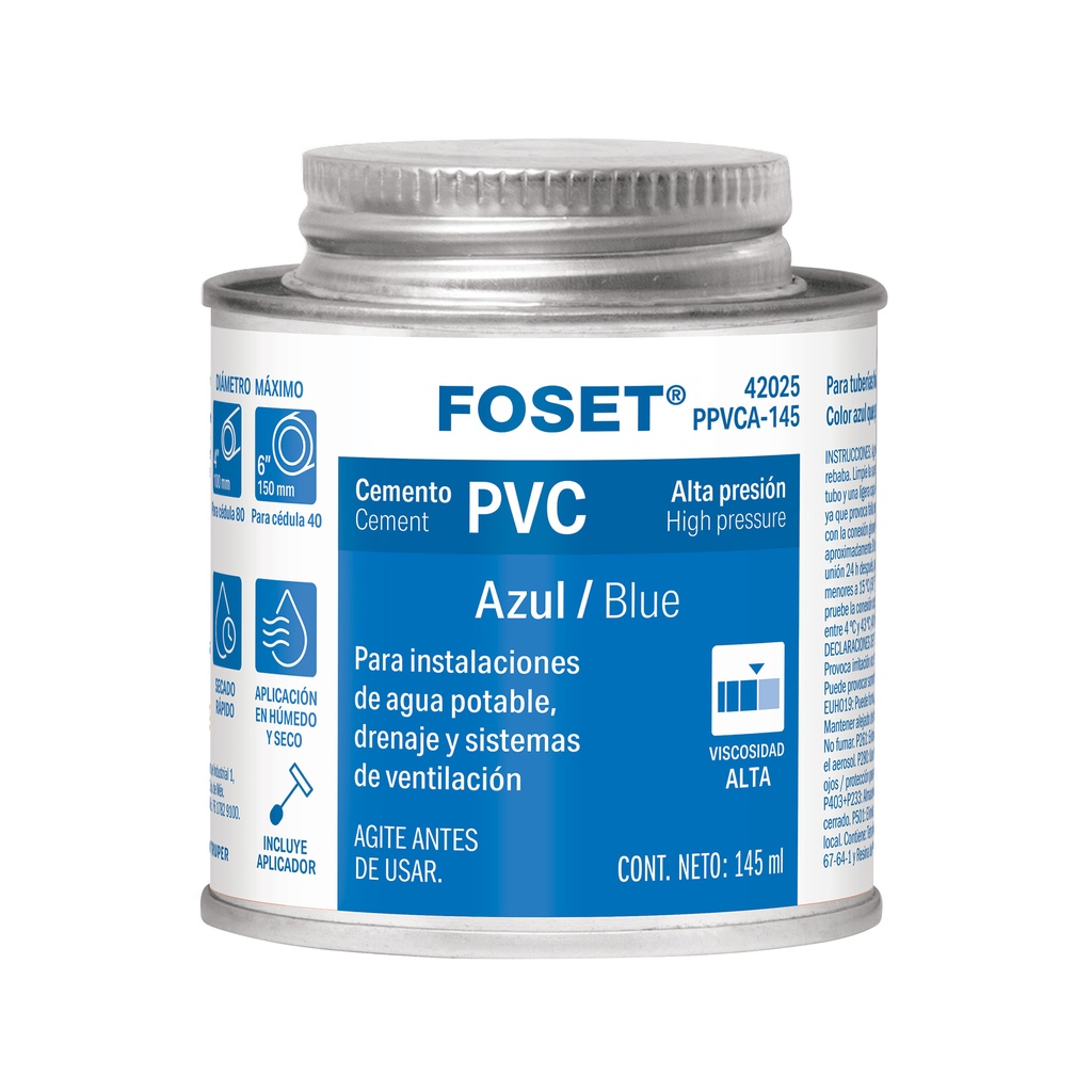 Cemento azul para PVC en bote de 145 ml, alta presión, Foset