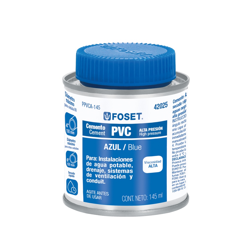 Cemento azul para PVC en bote de 145 ml, alta presión, Foset - Pag 522