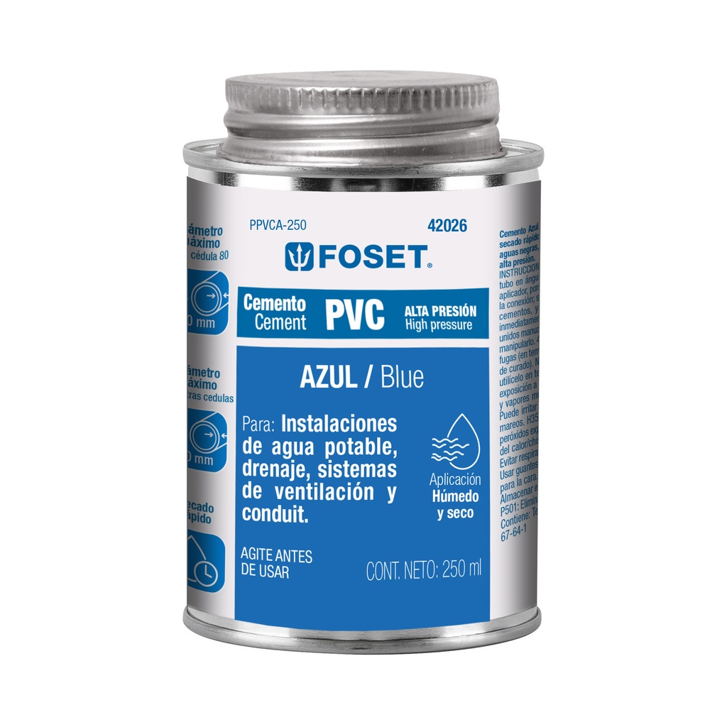 Cemento azul para PVC en bote de 250 ml, alta presión, Foset - Pag 522
