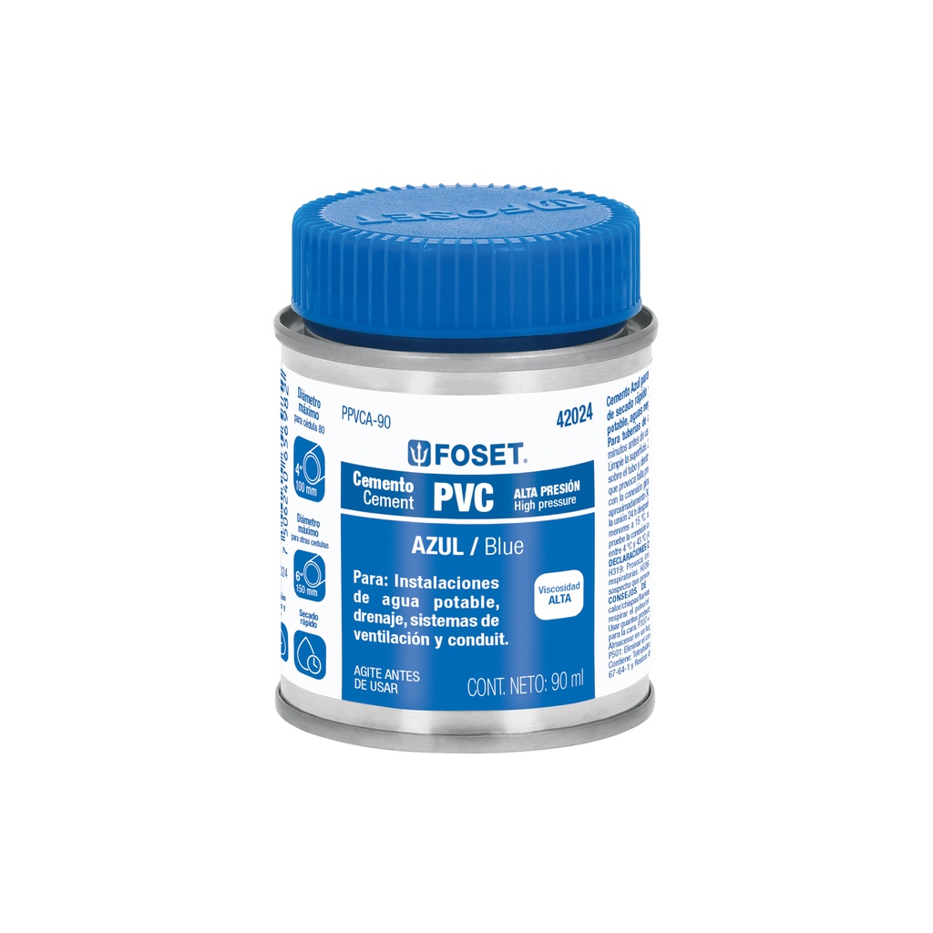 Cemento azul para PVC en bote de 90 ml, alta presión, Foset