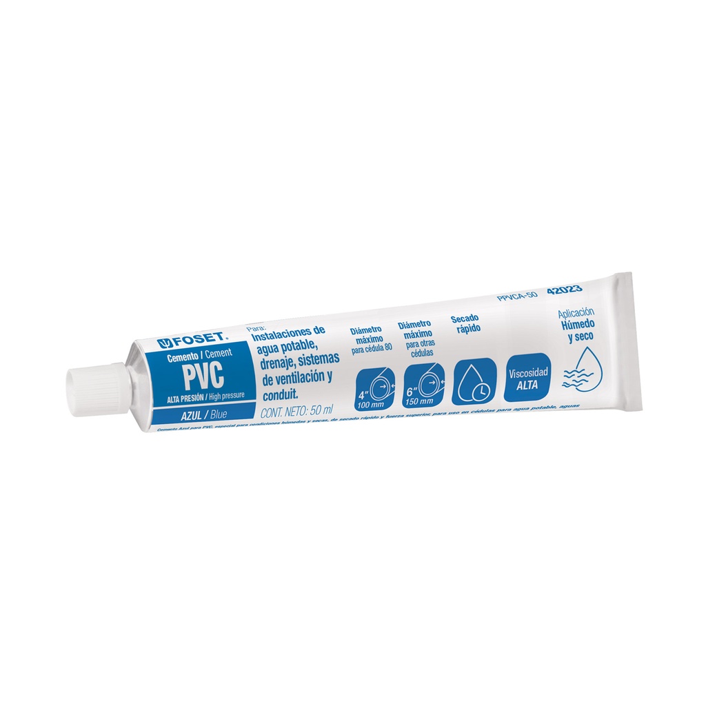 [T42023] Cemento azul para PVC en tubo de 50 ml, alta presión, Foset