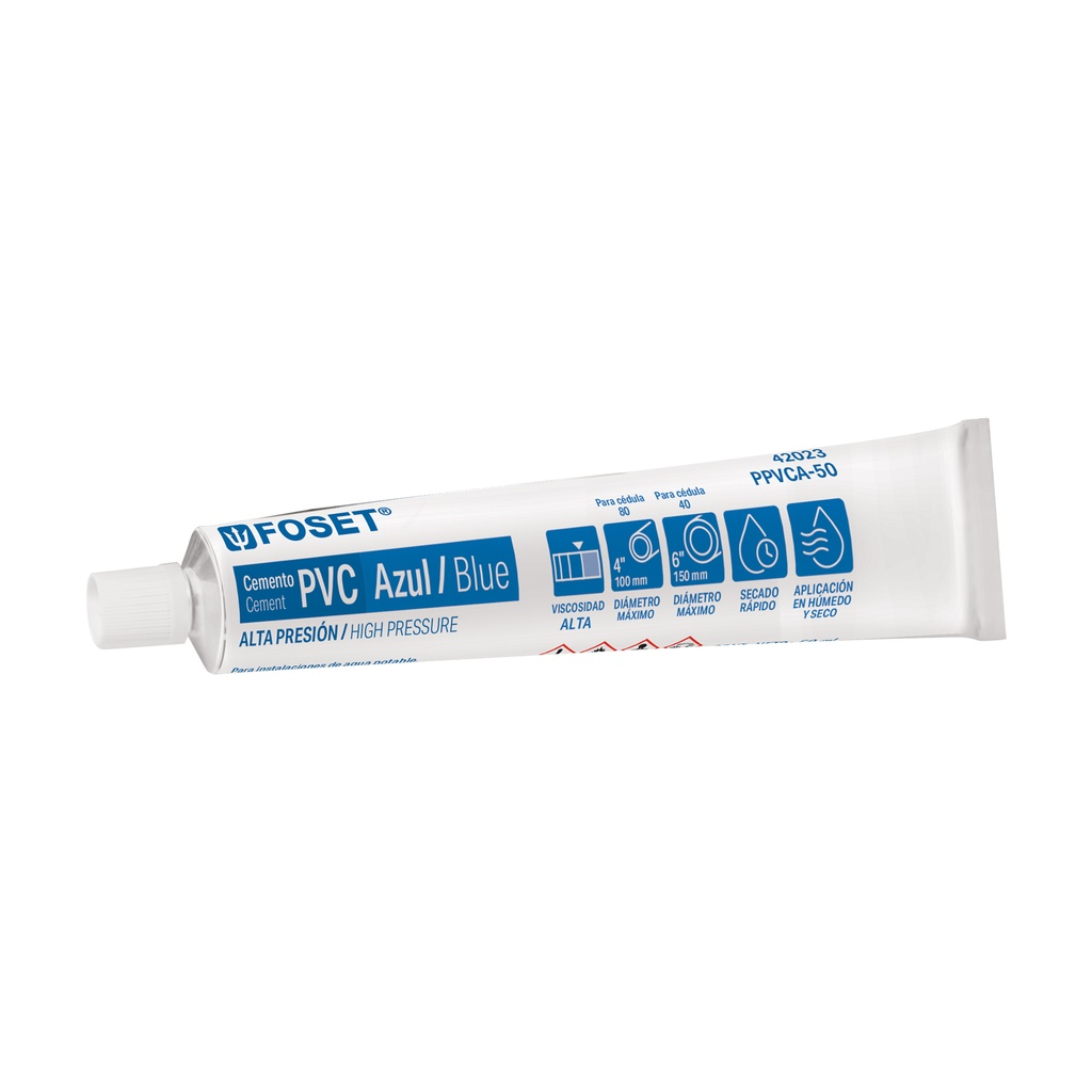 Cemento azul para PVC en tubo de 50 ml, alta presión, Foset