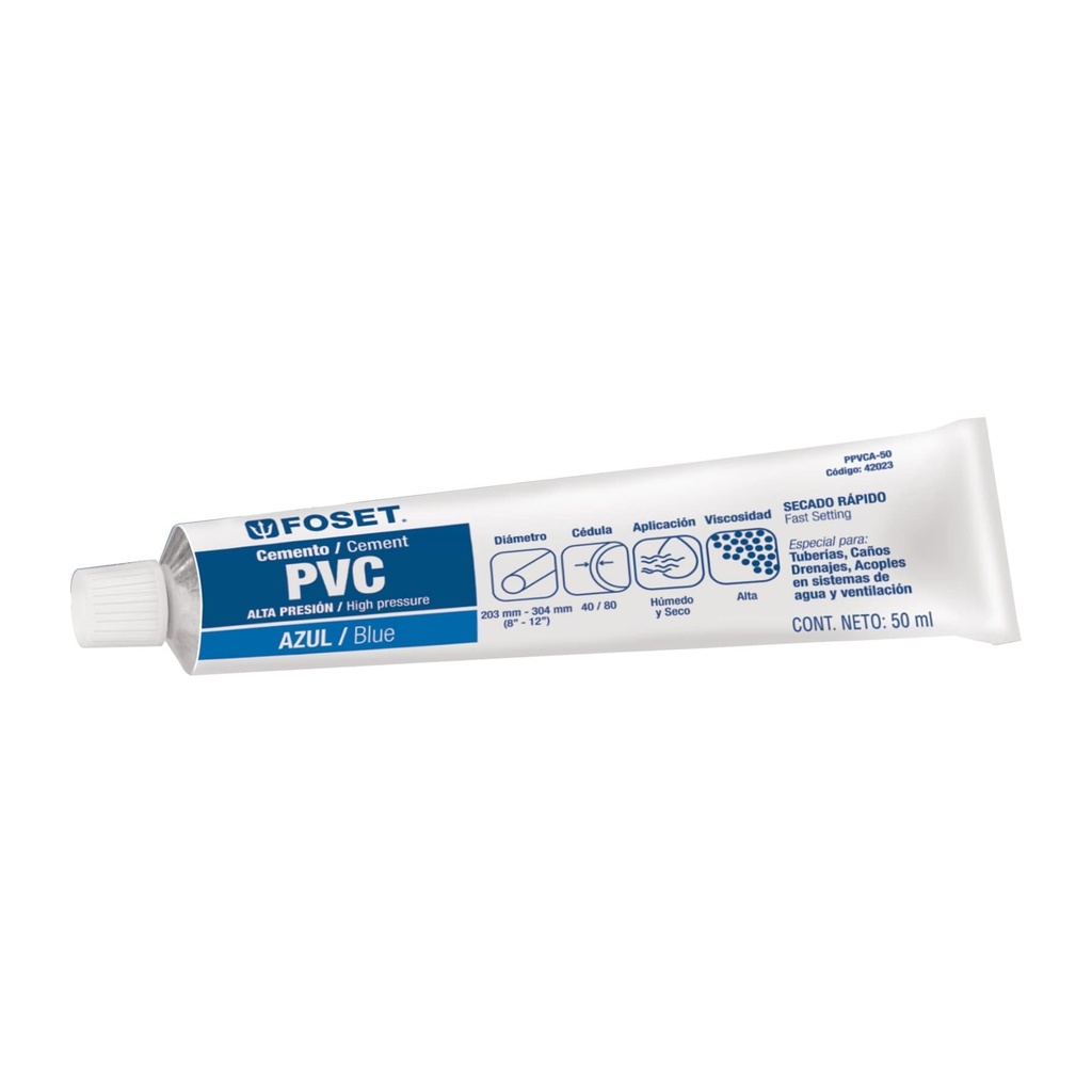 Cemento azul para PVC en tubo de 50 ml, alta presión, Foset - Pag 695