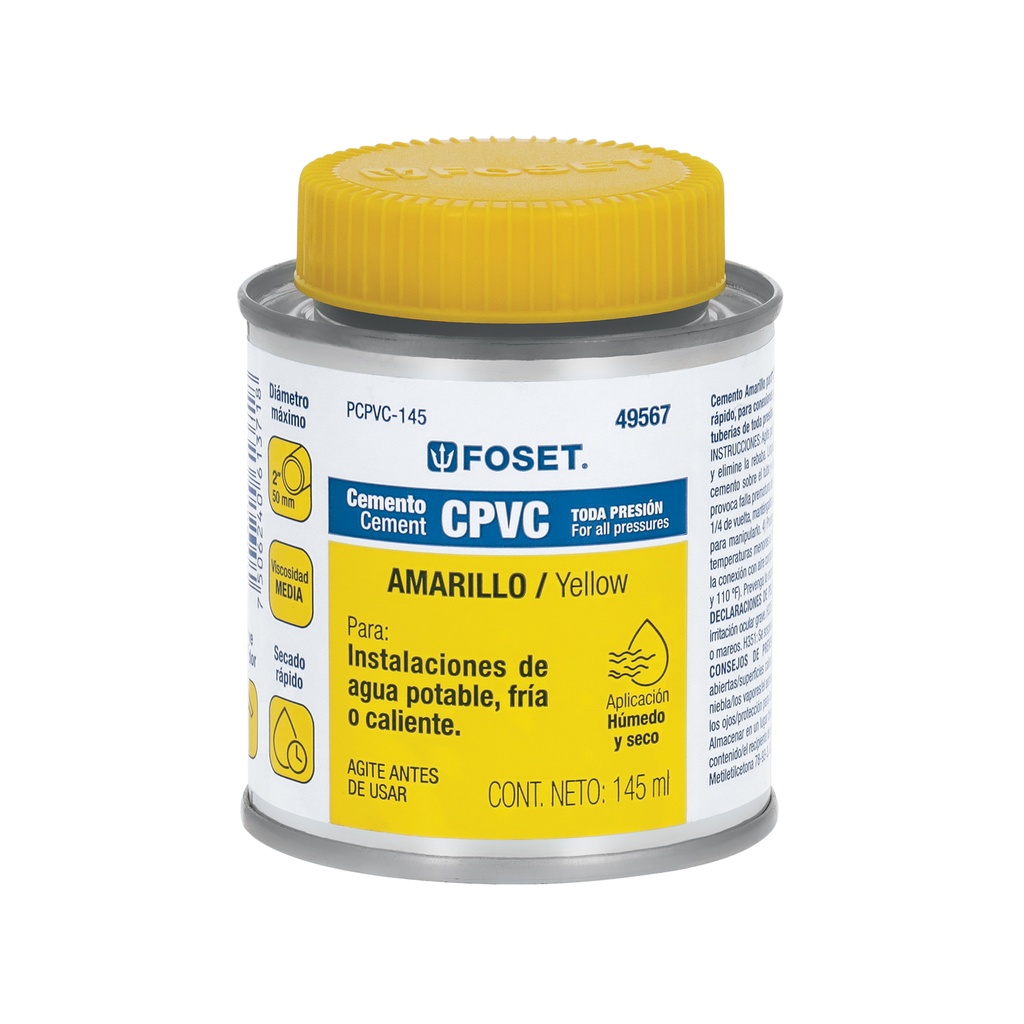 Cemento para CPVC en bote de 145 ml, baja presión, Foset