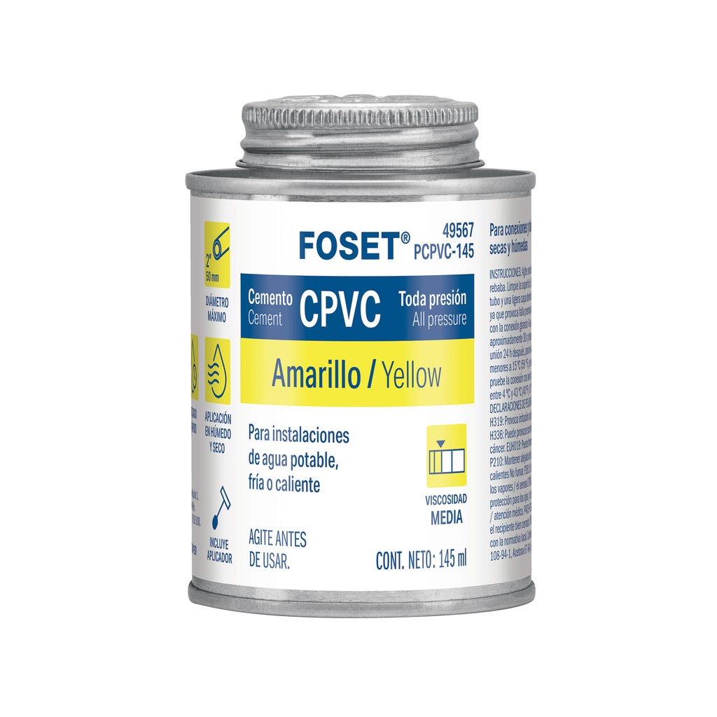 Cemento para CPVC en bote de 145 ml, baja presión, Foset