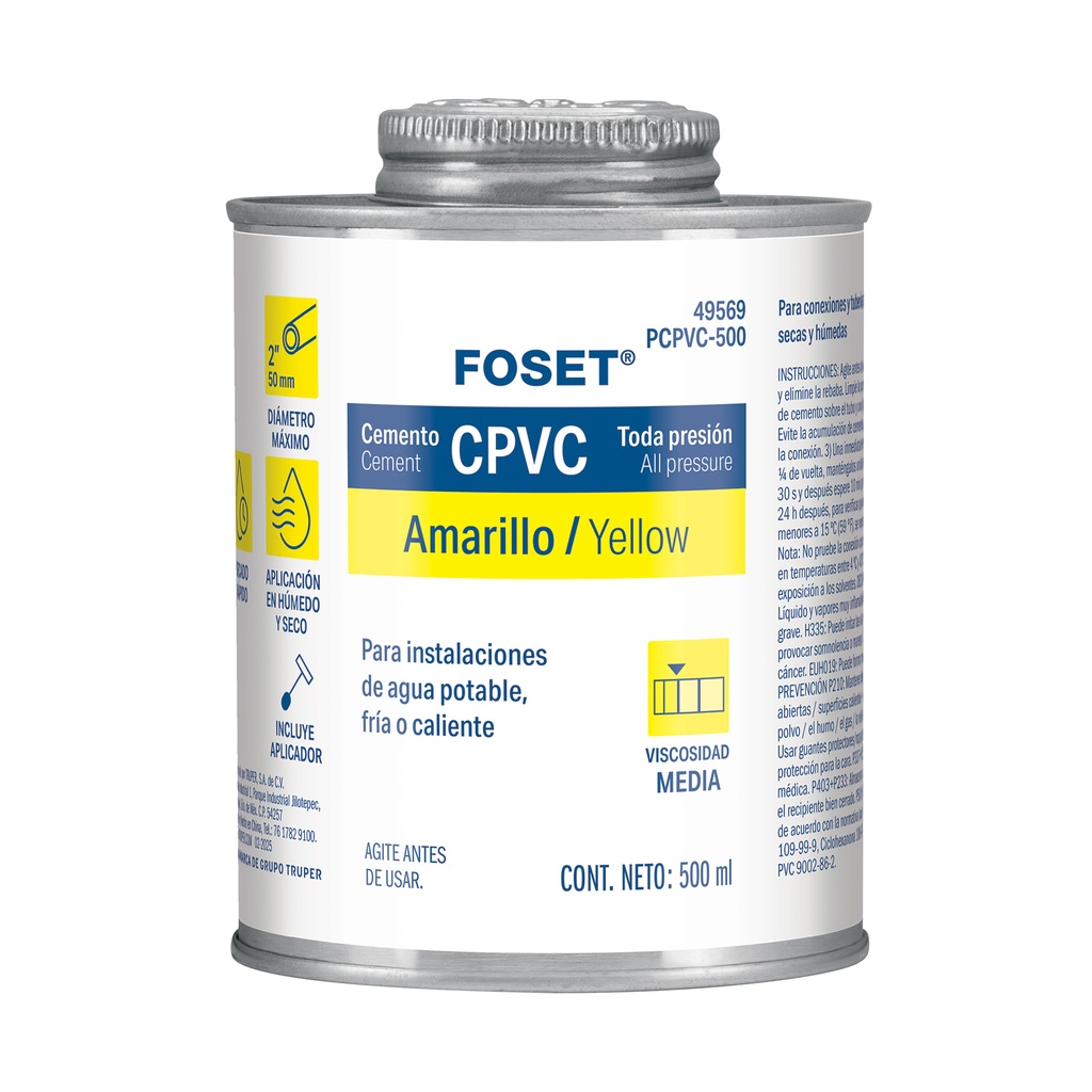 Cemento para CPVC en bote de 500 ml, baja presión, Foset
