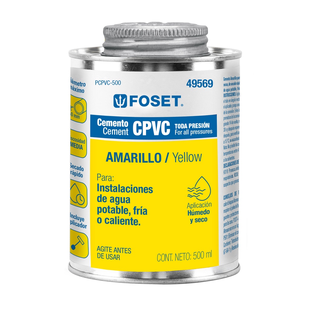 Cemento para CPVC en bote de 500 ml, baja presión, Foset - Pag 522