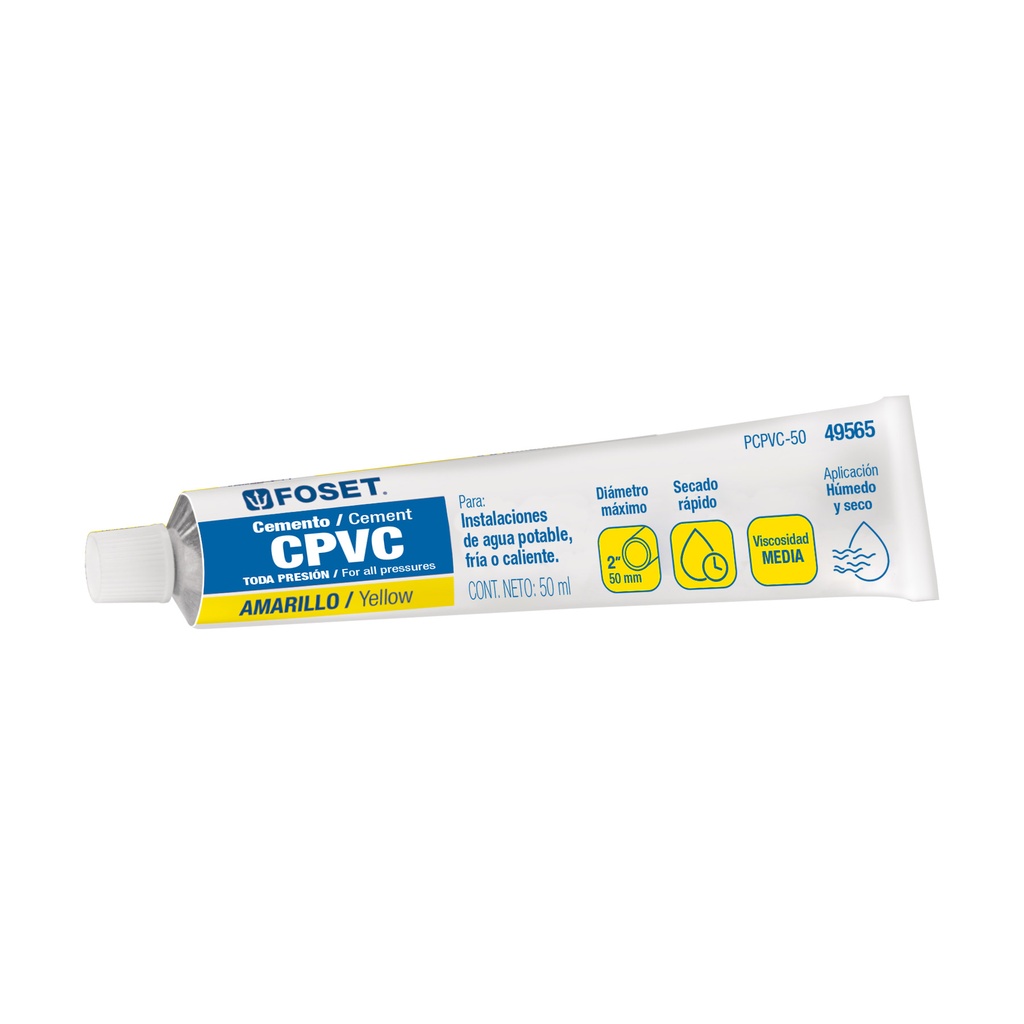 Cemento para CPVC en tubo de 50 ml, baja presión, Foset - Pag 695