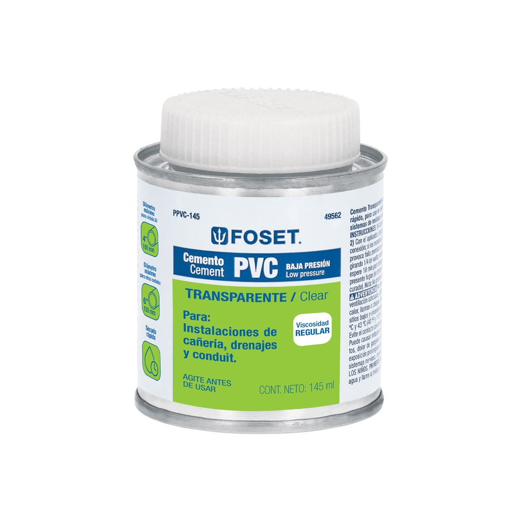 Cemento para PVC en bote de 145 ml, baja presión, Foset - Pag 522