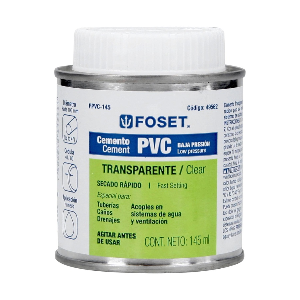 Cemento para PVC en bote de 145 ml, baja presión, Foset - Pag 695