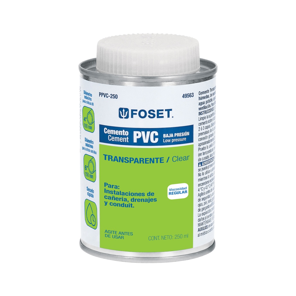 Cemento para PVC en bote de 250 ml, baja presión, Foset - Pag 522