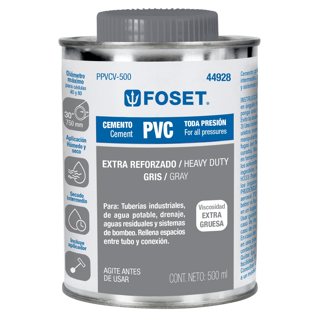 Cemento para PVC en bote de 500 ml, alta viscosidad, Foset - Pag 522