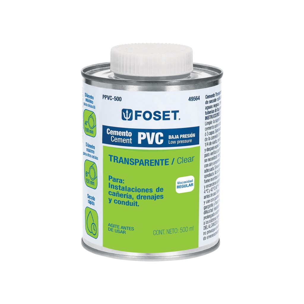 Cemento para PVC en bote de 500 ml, baja presión, Foset