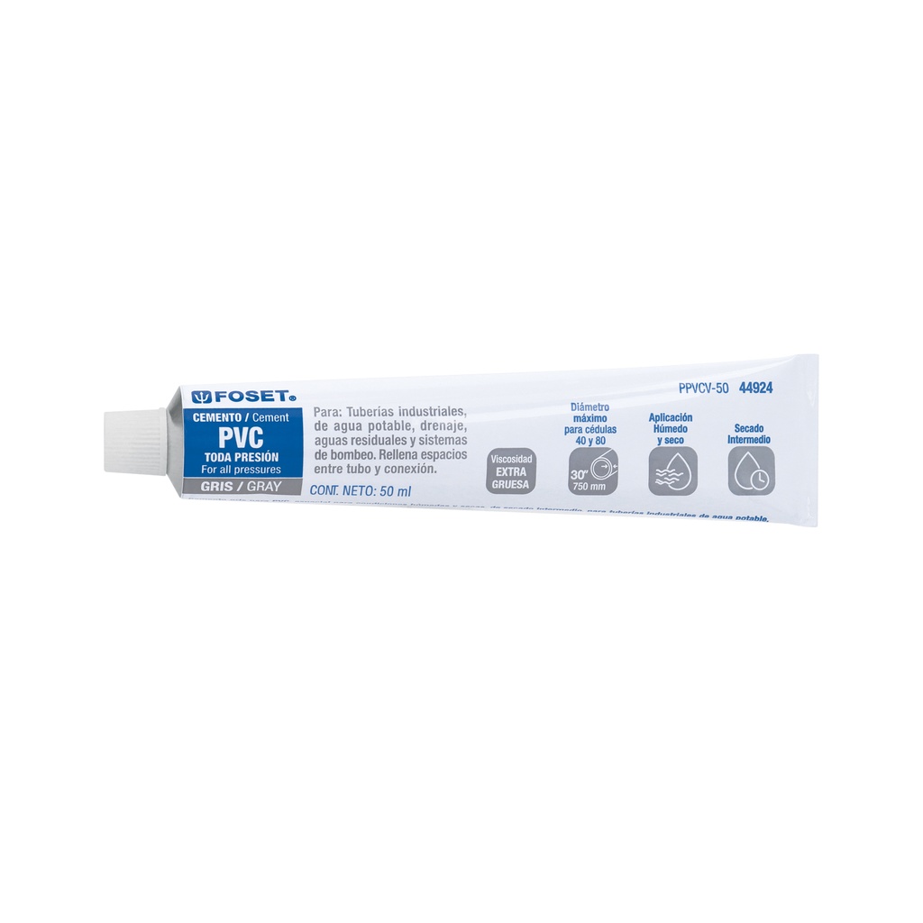 Cemento para PVC en tubo de 50 ml, alta viscosidad, Foset - Pag 522