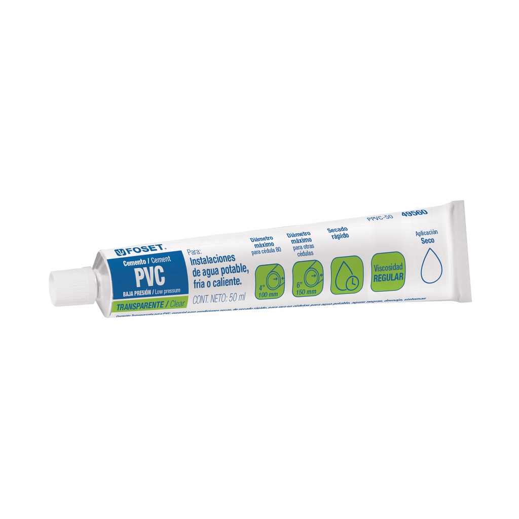 Cemento para PVC en tubo de 50 ml, baja presión, Foset - Pag 522