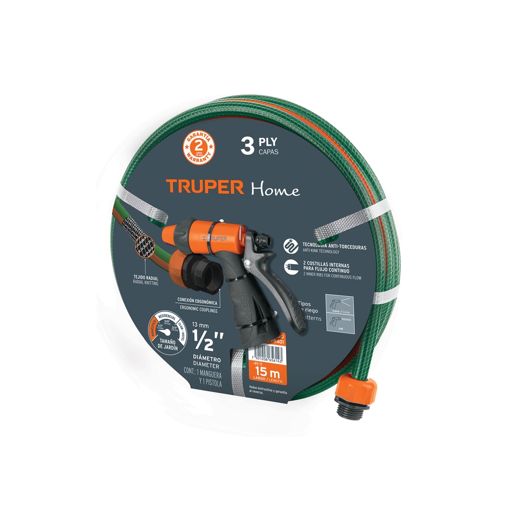 [T19750] Combo manguera MAN-15X1/2RE y pistola de riego PR-401