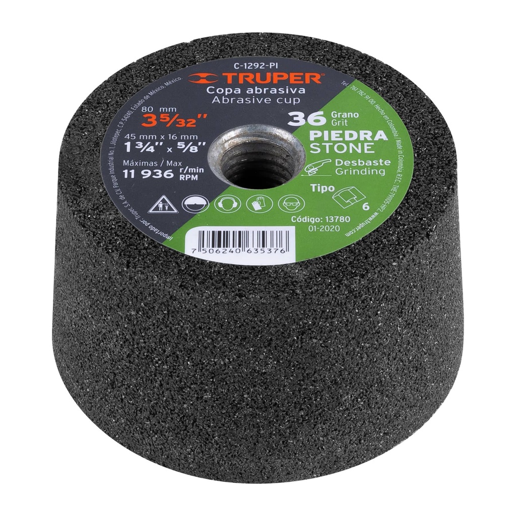 [T13780] Copa desbaste de piedra 3-5/32' grano 36, eje 5/8-11, Truper