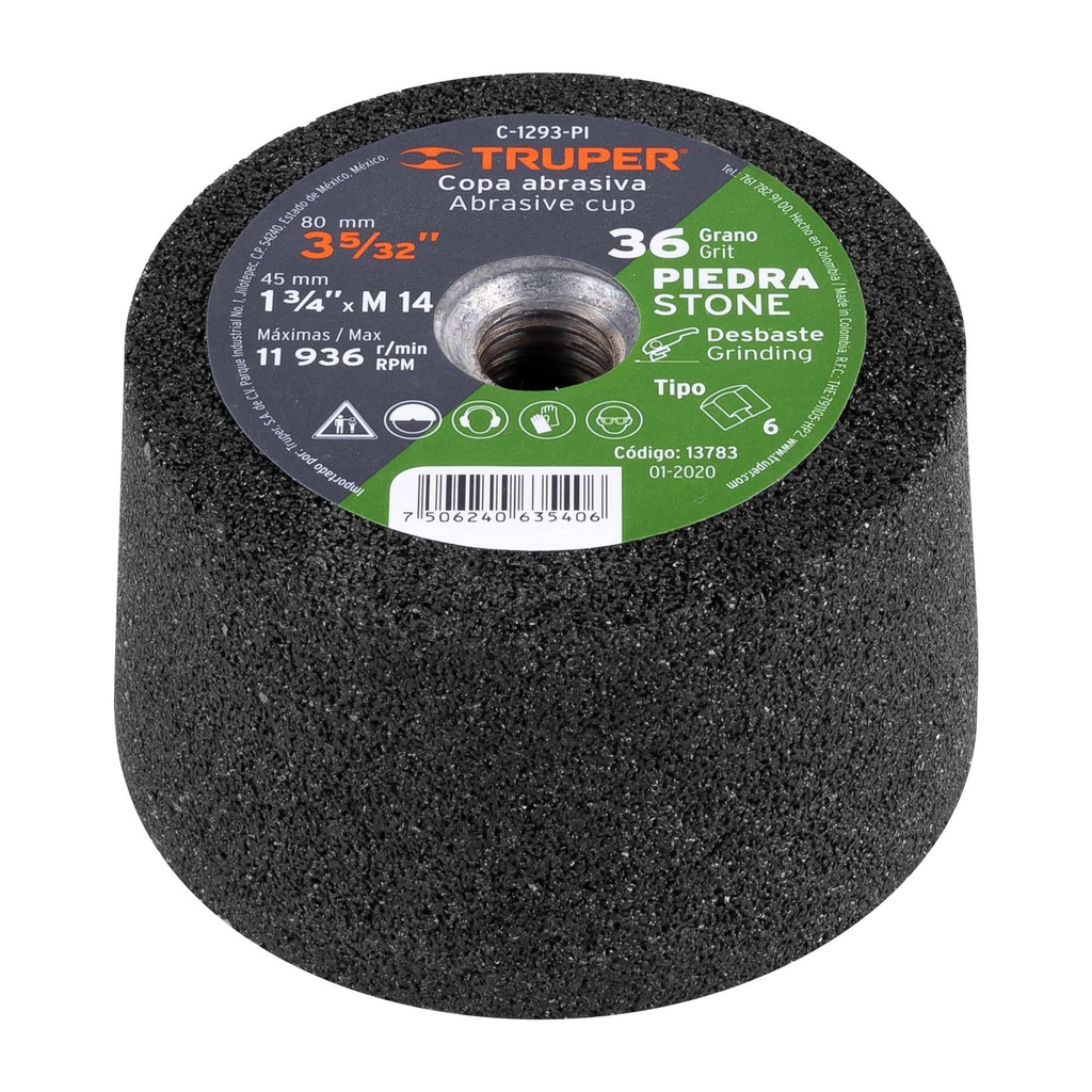 [T13783] Copa desbaste de piedra 3-5/32' grano 36, eje M14, Truper