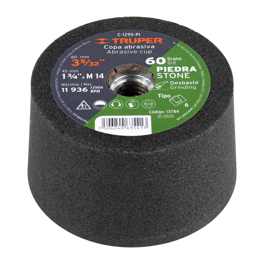 [T13784] Copa desbaste de piedra 3-5/32' grano 60, eje M14, Truper