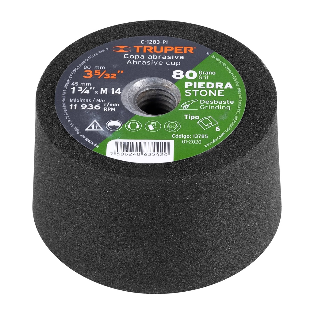 [T13785] Copa desbaste de piedra 3-5/32' grano 80, eje M14, Truper