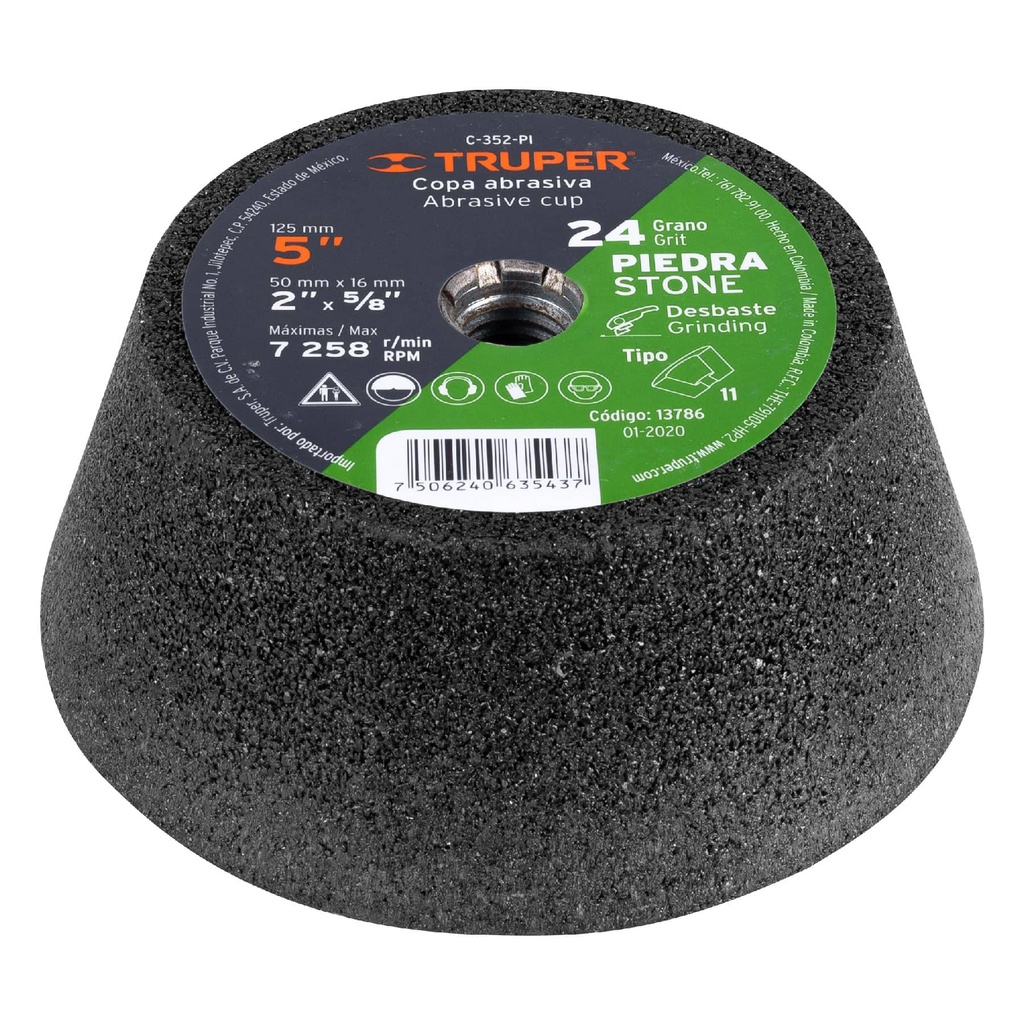 Copa desbaste de piedra 5' grano 24, eje 5/8-11, Truper - Pag 146