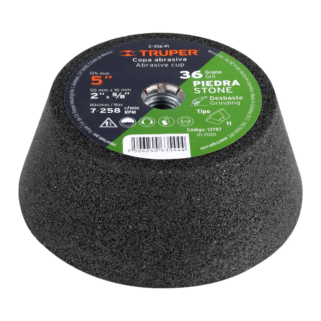 Copa desbaste de piedra 5' grano 36, eje 5/8-11, Truper - Pag 146