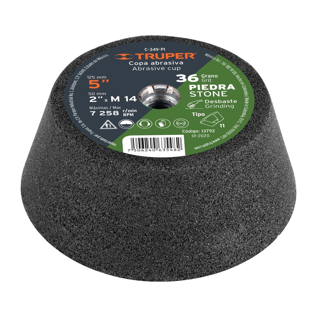 [T13792] Copa desbaste de piedra 5' grano 36, eje M14, Truper