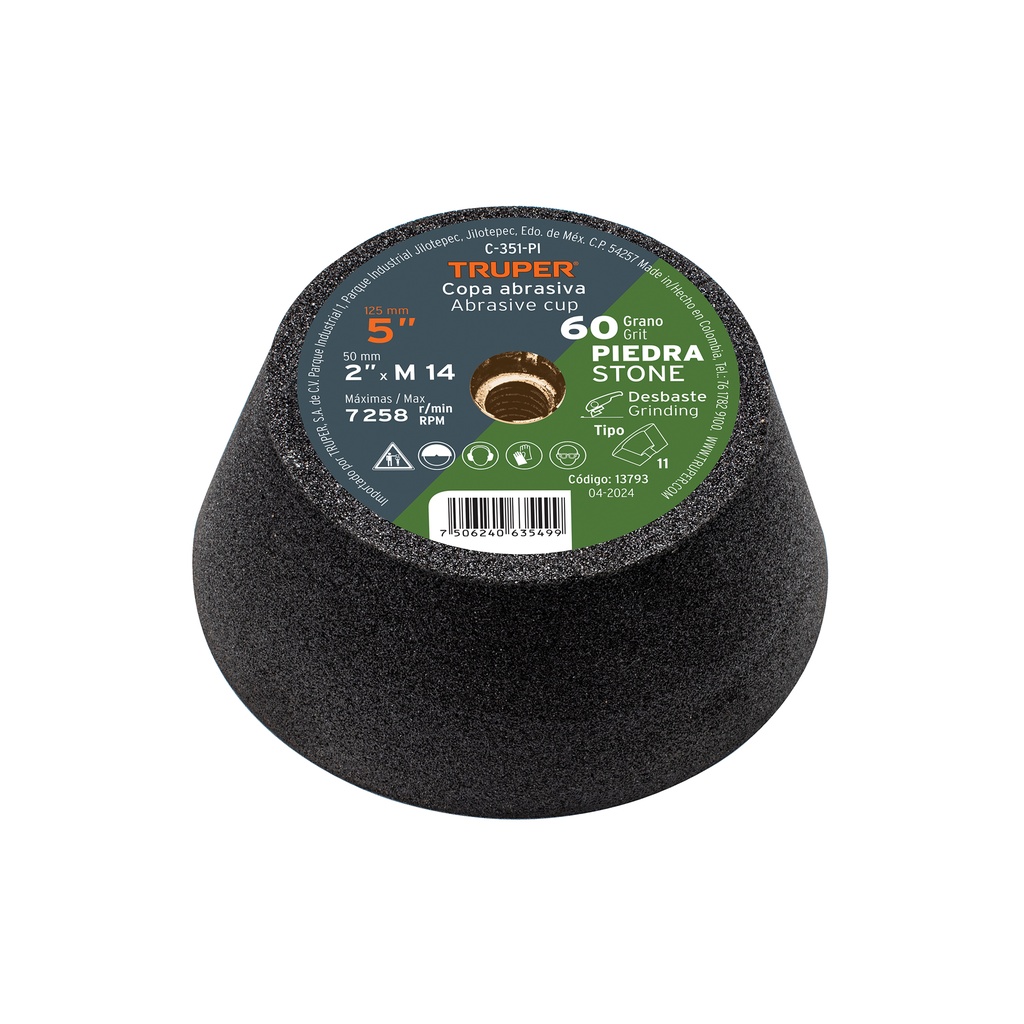 [T13793] Copa desbaste de piedra 5' grano 60, eje M14, Truper